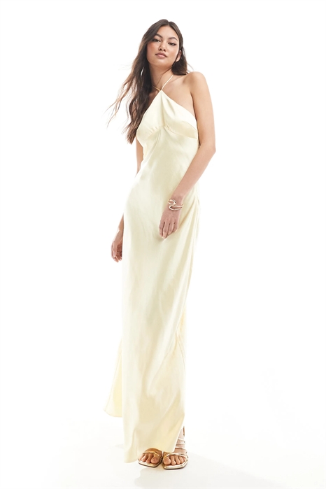 Атласное макси-платье с завязками на шее для подружки невесты артикул 141108043