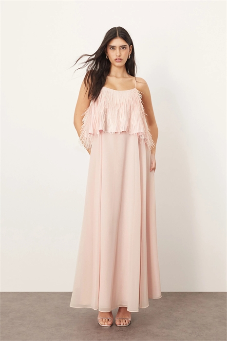 Макси-платье-трапеция с бретелями, украшенное слоями пайеток артикул 140374733