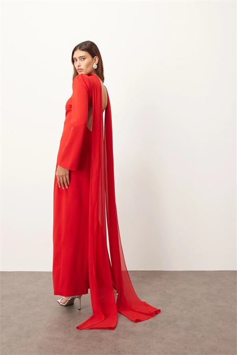 Макси-платье из структурированного крепа с длинными рукавами и шифоновым наложением артикул 148295102