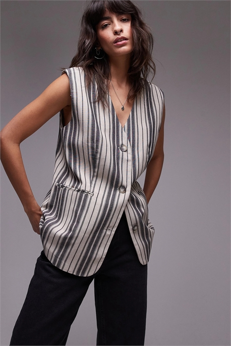 Жилет из льна с широкими полосками артикул 136474214