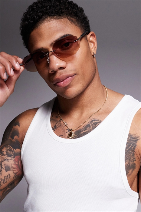 Солнцезащитные очки без оправы с фиолетовыми стеклами и металлической золотистой оправой артикул 140415775