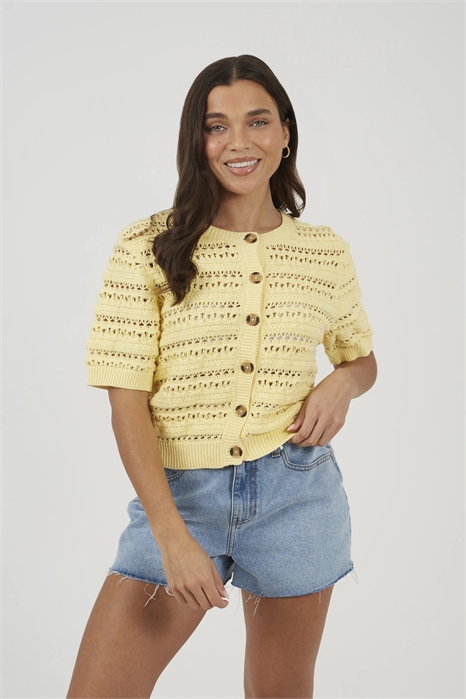 Кардиган с круглым вырезом из трикотажа с узором «пойнтелл» и короткими рукавами артикул 156259209