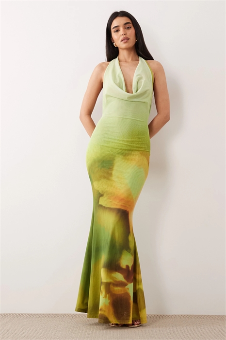 Макси-платье из сетчатой ткани с капюшоном, завязками за шеей, открытой спиной и юбкой «рыбий хвост» артикул 154951924