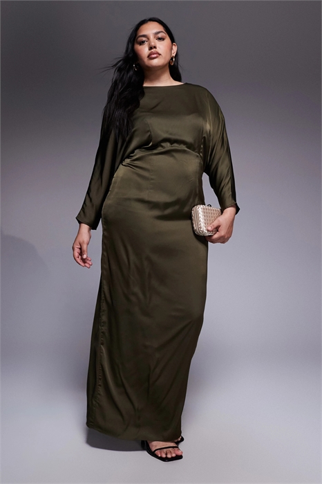 Макси-платье с длинными рукавами из атласа и завязкой на спине артикул 151218595