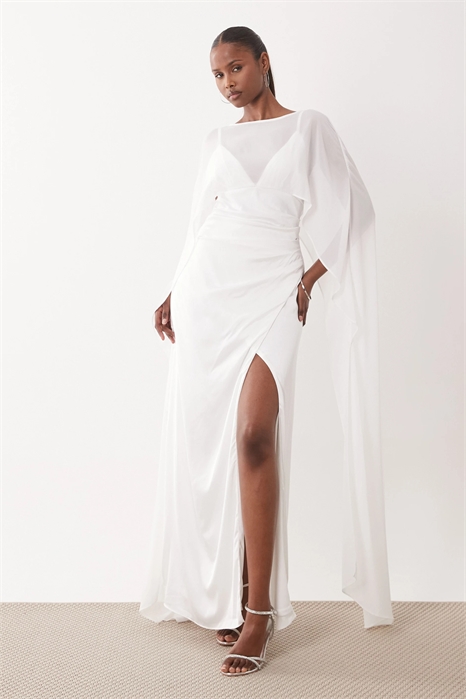 Свадебное макси-платье из атласа с бретелями и сетчатой накидкой артикул 154078355