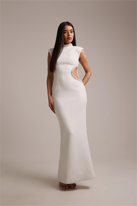 Кристальное свадебное макси-платье с высоким воротником, вырезами и стразами, с короткими рукавами артикул 154052900