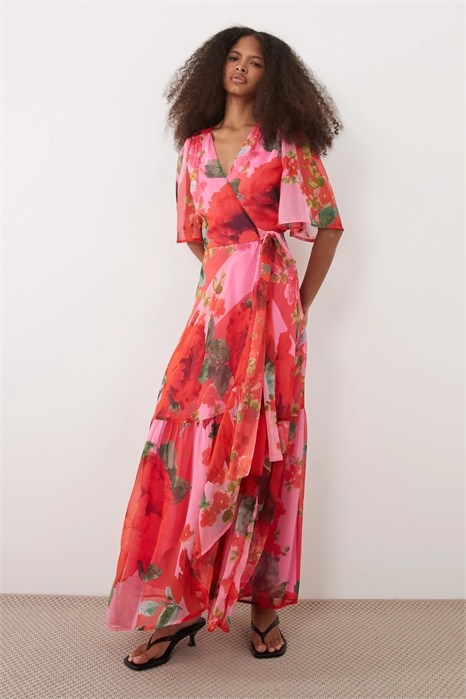 Макси-платье с запахом, с оборками на рукавах и завязкой на талии артикул 153563275