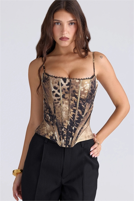 Атласный корсет-топ Cadie с золотым леопардовым принтом артикул 152384384