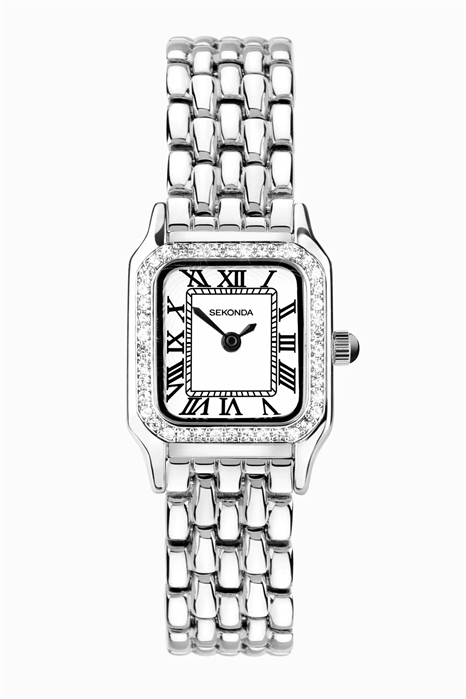 Женские аналоговые часы Monica с прямоугольным корпусом из серебряного сплава, серебряным браслетом и белым циферблатом артикул 137393319