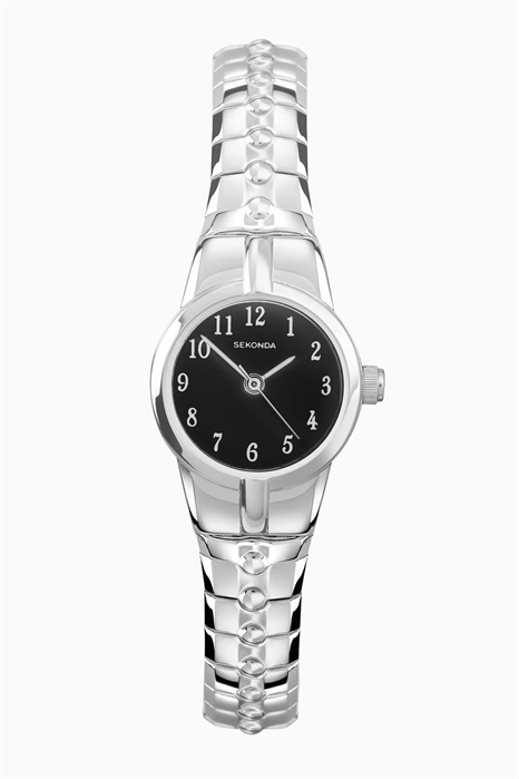 Женские аналоговые часы Newton с серебристым корпусом и раздвижным браслетом из нержавеющей стали с черным циферблатом артикул 139596530