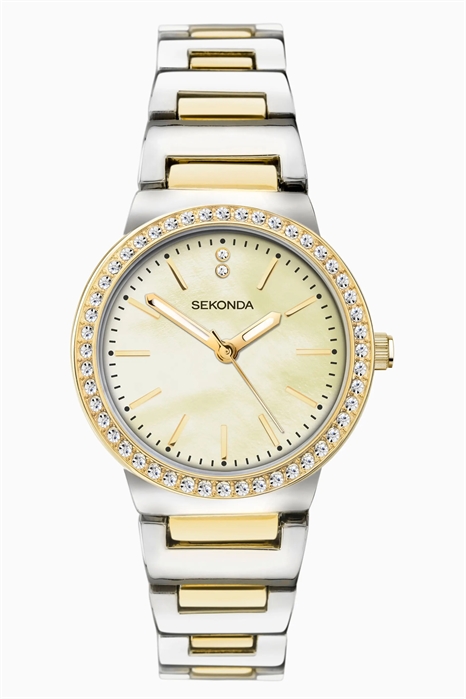 Женские аналоговые часы Amelia с диаметром 28 мм, круглым корпусом из двухцветного сплава, браслетом из двухцветного сплава и золотистым циферблатом артикул 133898836