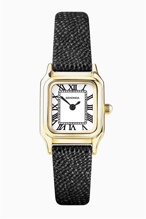 Женские аналоговые часы Monica с прямоугольным корпусом из золотого сплава, черным кожаным ремешком и белым циферблатом артикул 133898657