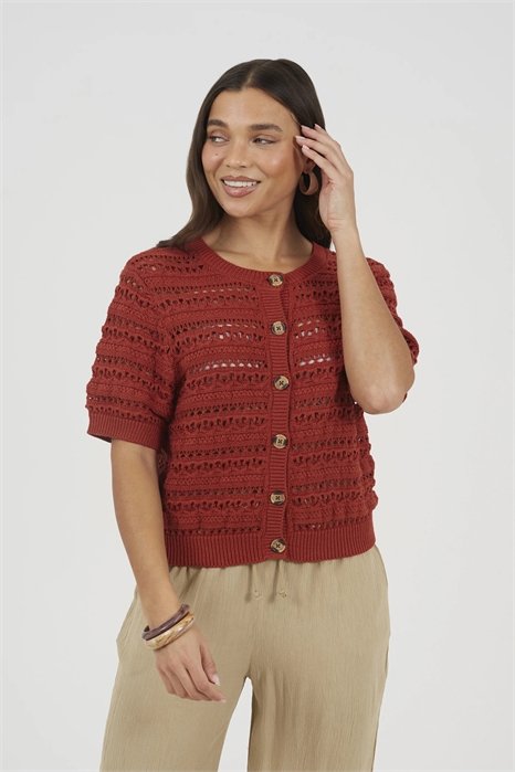 Кардиган с круглым вырезом из трикотажа с узором «пойнтелл» и короткими рукавами артикул 156258900