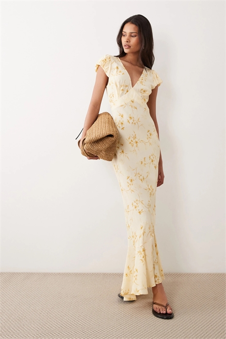 Макси-платье с рукавами-буф и V-образным вырезом, желтое, с цветочным принтом артикул 154234136
