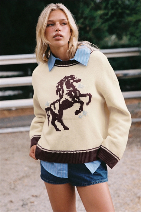 Свитер с контрастной отделкой и рисунком в виде лошади артикул 153364460