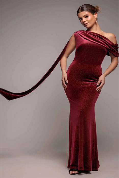 Макси-платье с одним плечом, с вырезом «бардо» и бархатной поясной лентой с блестками артикул 155932865