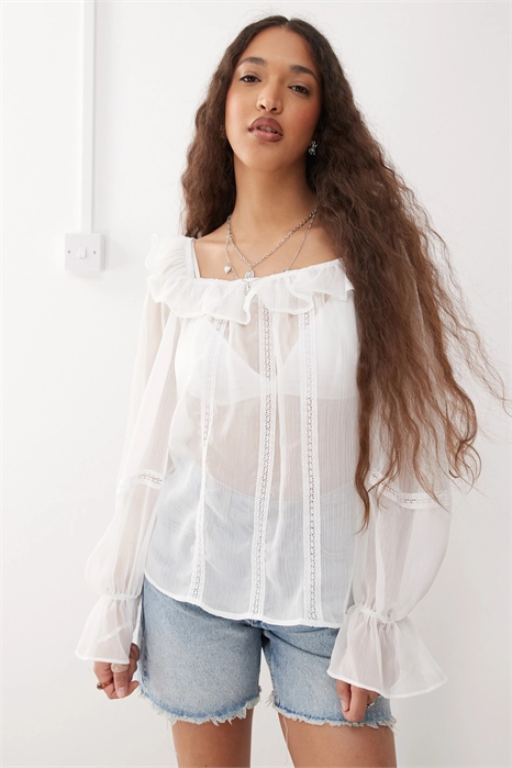 Прозрачный топ с квадратным вырезом, оборками и кружевной отделкой артикул 145952093