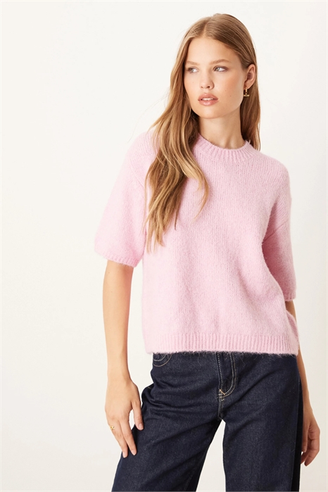 Трикотажный топ средней плотности с короткими рукавами и круглым вырезом артикул 149246990