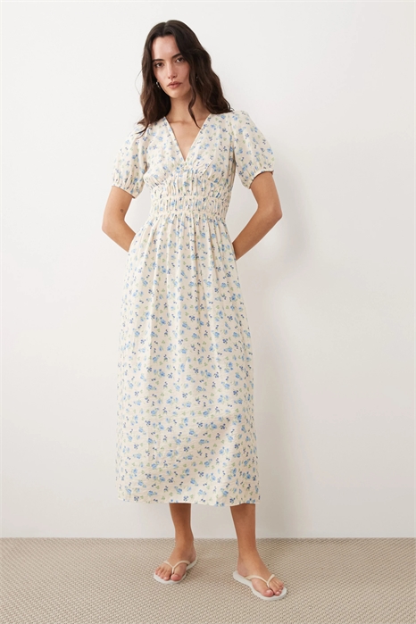 Легкое платье средней длины с V-образным вырезом и сборками на талии артикул 155595784