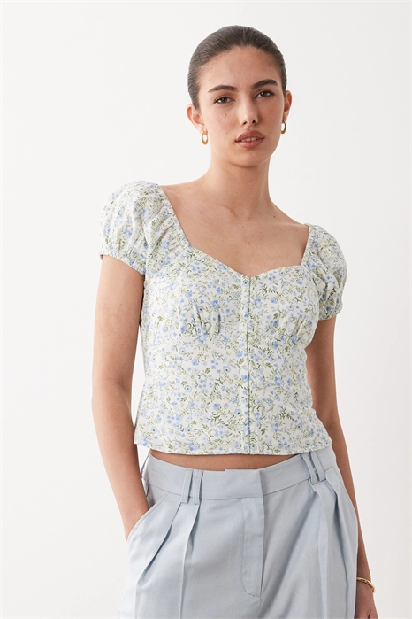 Топ с V-образным вырезом, сборками на спинке и рукавами-буфетками артикул 153888219