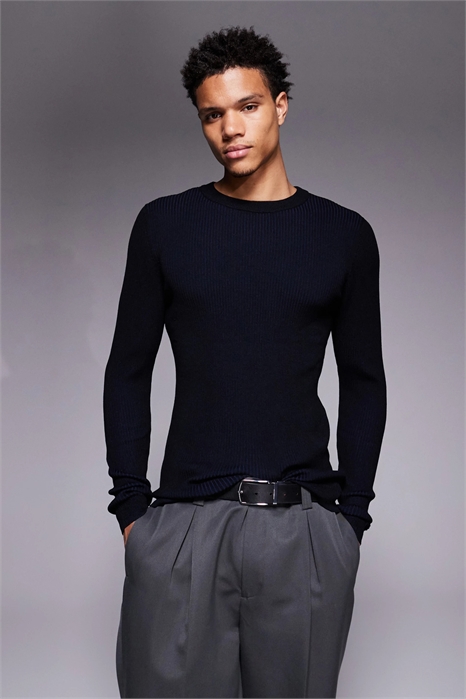 Трикотажная футболка синего цвета с ребристой отделкой и облегающим кроем артикул 151187191