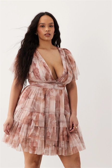 Мини-платье с V-образным вырезом и юбкой с оборками артикул 155943654