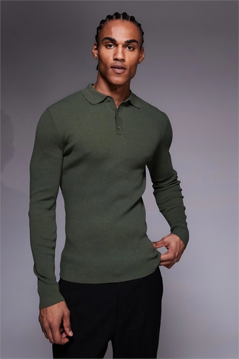 Поло с длинным рукавом из трикотажа с ребристой структурой из смешанной хлопковой ткани Essential Muscle Fit артикул 153120488
