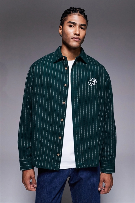 Рубашка свободного кроя в полоску с вышивкой на груди артикул 147474032