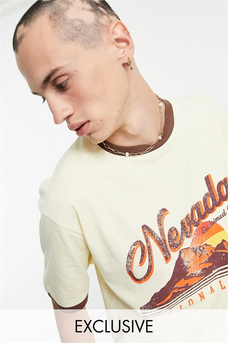 Футболка из хлопка с принтом в стиле 70-х с горным пейзажем — КРЕМОВЫЙ артикул 104033503