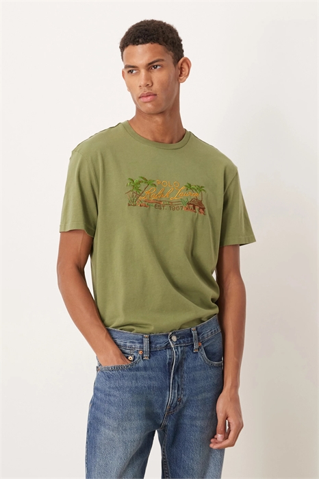 Хлопковая футболка с вышитым логотипом в виде пейзажа, классический крой свободного покроя артикул 140859079