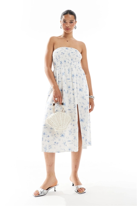 Платье средней длины с вырезом на талии и вставками, без бретелек артикул 141497905