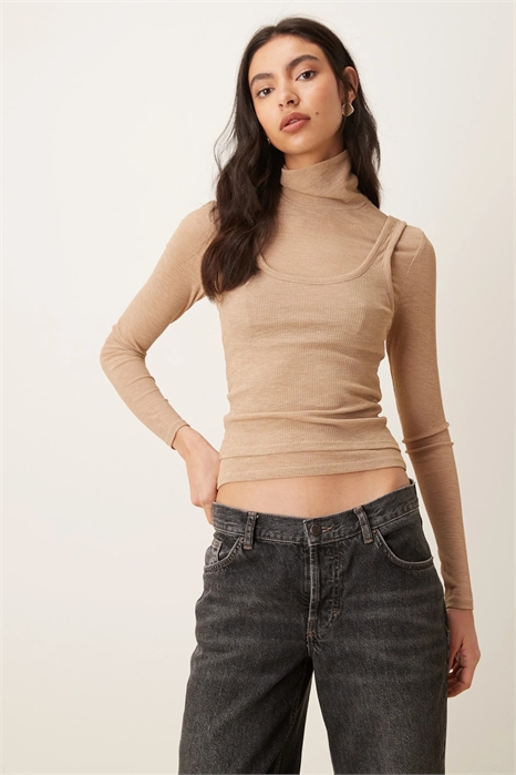 Прозрачный двойной слой, длинный рукав, топ с воротником-воронкой артикул 154744715