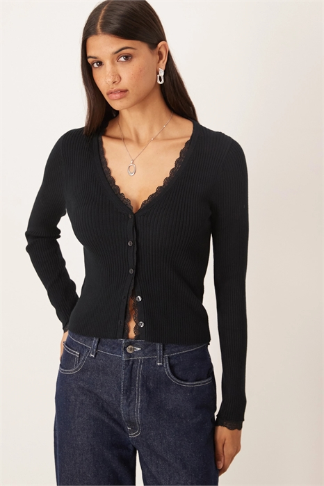 Кардиган с ребристой вязкой и кружевной отделкой артикул 152001222