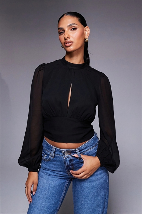 Топ с высоким воротником и завязками сзади, с эффектом гофрированной ткани артикул 149384461