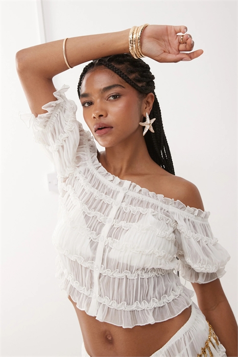 Пляжный топ с прозрачной тканью, сборками и вырезом «бардо» на пуговицах артикул 142430365