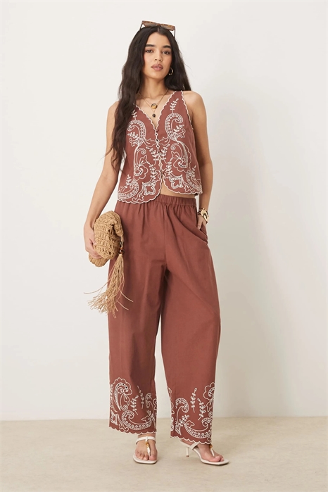 Брюки из смешанного льна с широкими брючинами и вышивкой по волнистому краю co-ord артикул 140893095