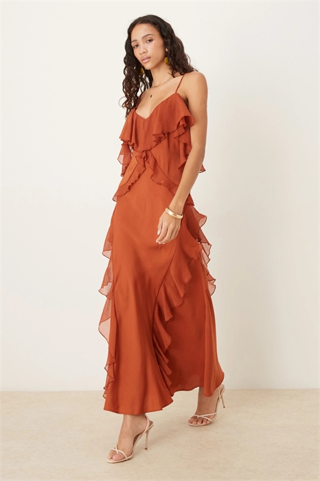 Макси-платье-камизоль из промытого атласа с оборками из шифона и пышным подолом артикул 148522242