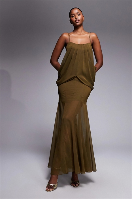 Макси-платье с бретелями и юбкой с годетами артикул 153532923