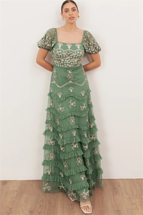 Макси-платье с квадратным вырезом и рукавами-буффами, украшенное вышивкой артикул 154754393