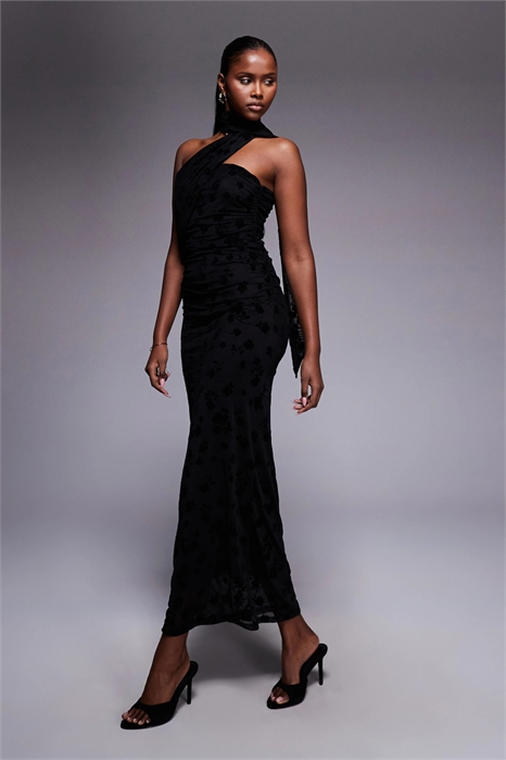 Макси-платье-бандо с цветочным флокированным узором на сетчатом шарфе артикул 154216074