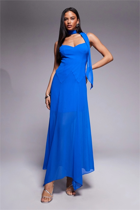 Макси-платье с шарфом на шее, бретелями-тоненькими ленточками и асимметричным подолом артикул 152422267