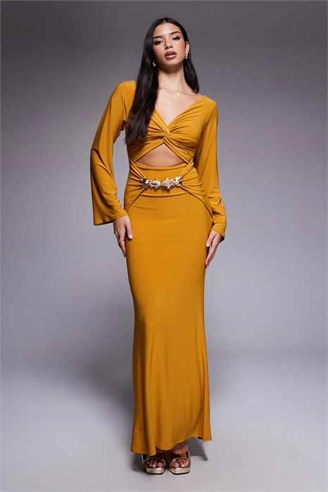 Макси-платье с длинными рукавами и драпировкой спереди, украшенное золотыми рыбками артикул 149661490