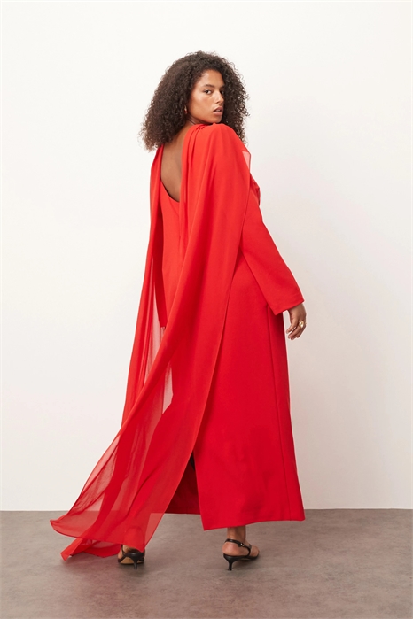 Макси-платье с длинными рукавами из крепа с выпуклой фактурой и шифоновым наложением артикул 148707657