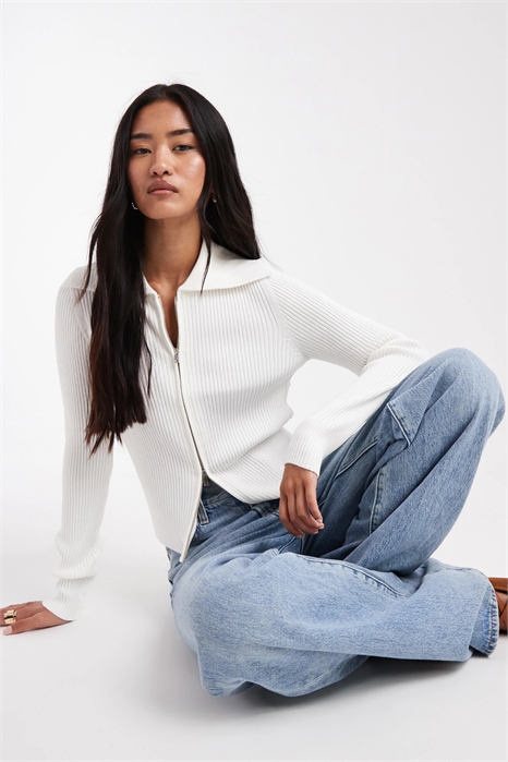 Кардиган с ребристой вязкой, воротником и застежкой-молнией артикул 143373947