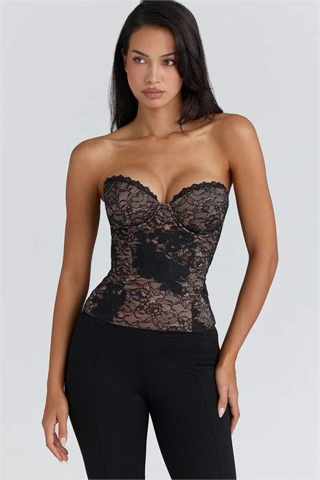 Топ-корсет Yara из чёрного кружева без бретелек артикул 155059450