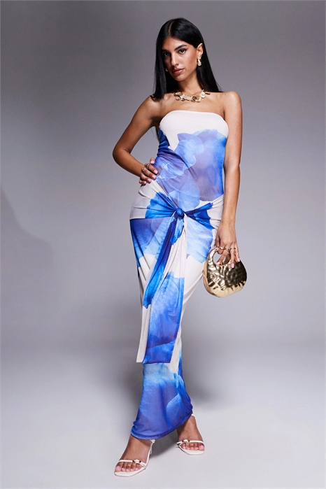 Эксклюзивное макси-платье из двухслойной эластичной сетки с цветочным принтом, завязкой на талии и драпировкой артикул 147692981