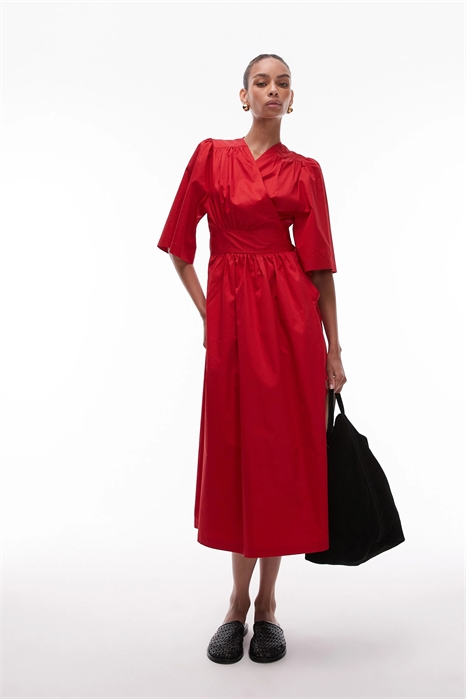 Платье-миди из поплина с перекрещивающимся вырезом спереди и рукавами-буфетками артикул 143460140