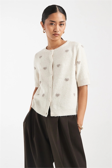 Вязаный кардиган с круглым вырезом и короткими рукавами с жаккардовым принтом в виде сердечек артикул 153084233