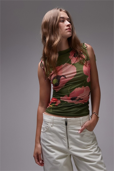 Топ на бретелях из микрофибры с принтом в виде маков артикул 148078262