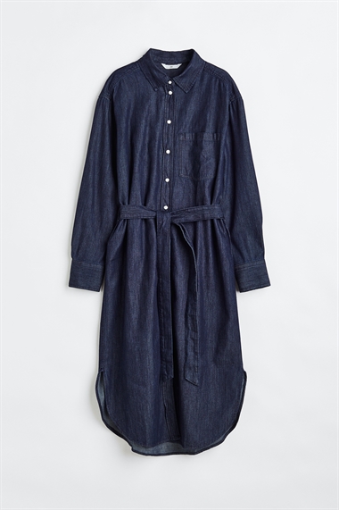 Джинсовое платье-блузка с завязывающимся поясом